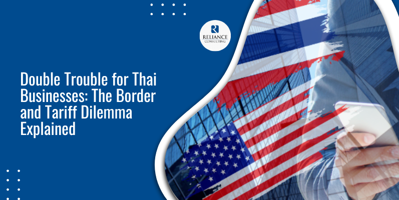 a man holding a phone in a building background and us and thailand flag on the side