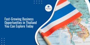 world map showing thailand with flag on the right side and blue background with text in the left side